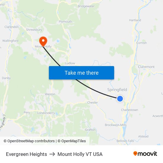 Evergreen Heights to Mount Holly VT USA map