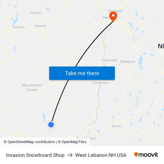 Invasion Snowboard Shop to West Lebanon NH USA map