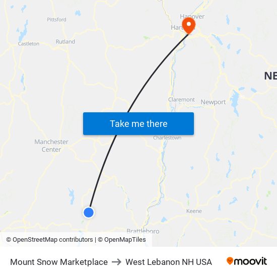 Mount Snow Marketplace to West Lebanon NH USA map