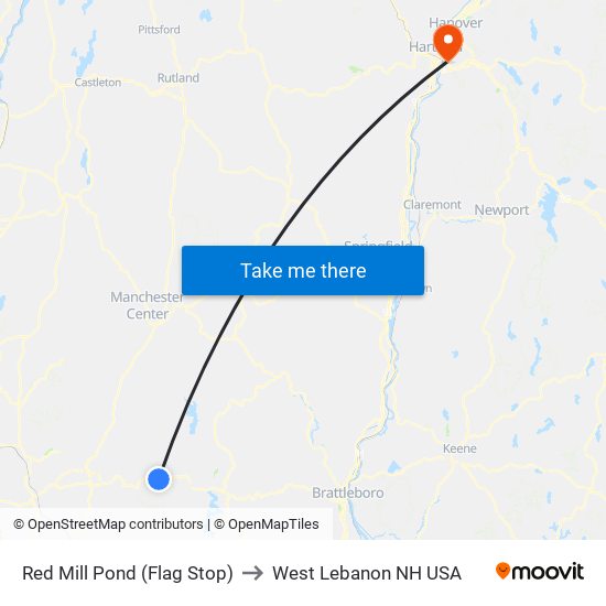 Red Mill Pond (Flag Stop) to West Lebanon NH USA map