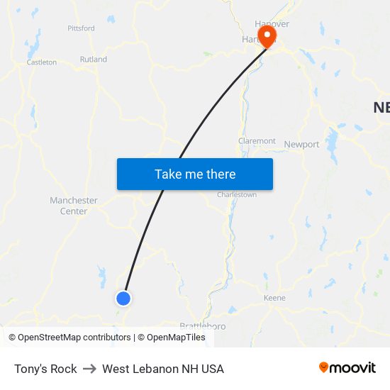 Tony's Rock to West Lebanon NH USA map