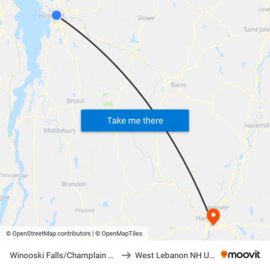 Winooski Falls/Champlain Mill to West Lebanon NH USA map