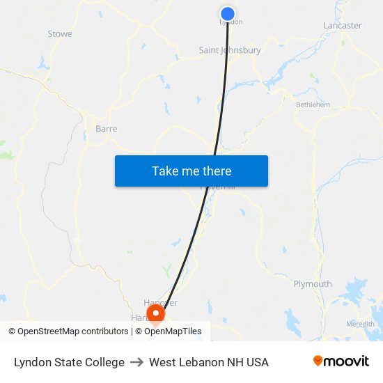 Lyndon State College to West Lebanon NH USA map