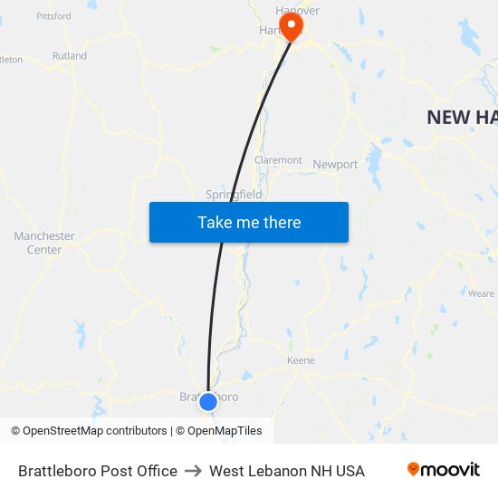 Brattleboro Post Office to West Lebanon NH USA map