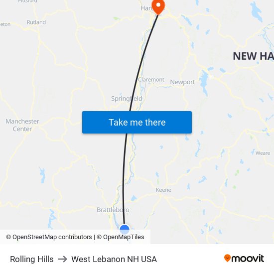 Rolling Hills to West Lebanon NH USA map