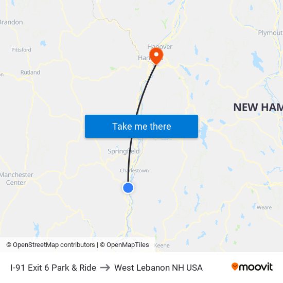 I-91 Exit 6 Park & Ride to West Lebanon NH USA map