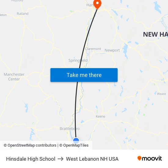 Hinsdale High School to West Lebanon NH USA map