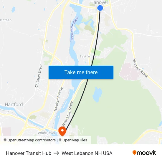 Hanover Transit Hub to West Lebanon NH USA map