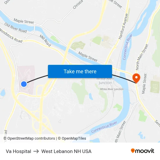 Va Hospital to West Lebanon NH USA map