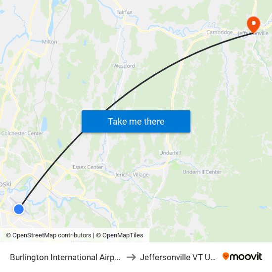 Burlington International Airport to Jeffersonville VT USA map