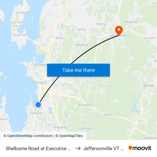 Shelburne Road at Executive Drive to Jeffersonville VT USA map