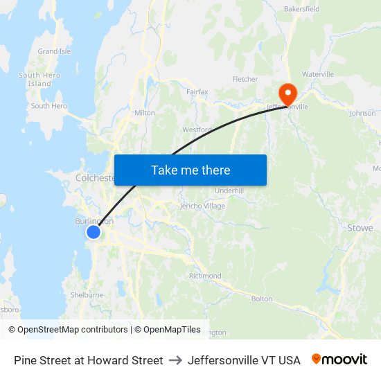 Pine Street at Howard Street to Jeffersonville VT USA map