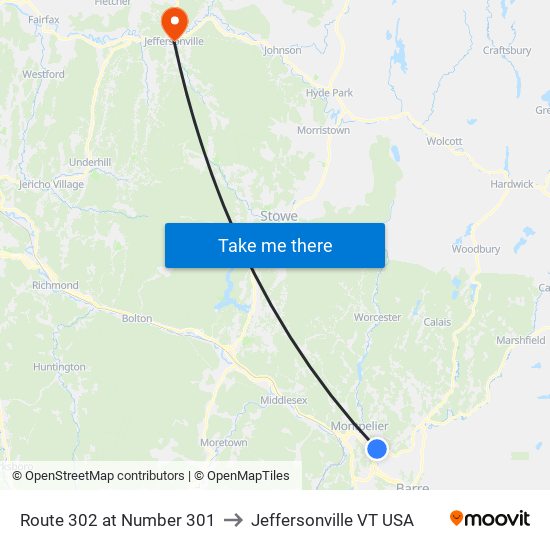 Route 302 at Number 301 to Jeffersonville VT USA map