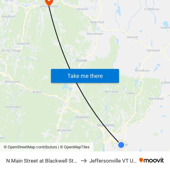 N Main Street at Blackwell Street to Jeffersonville VT USA map