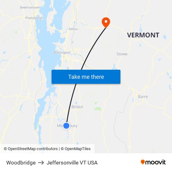 Woodbridge to Jeffersonville VT USA map