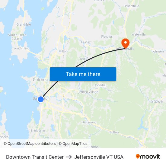 Downtown Transit Center to Jeffersonville VT USA map