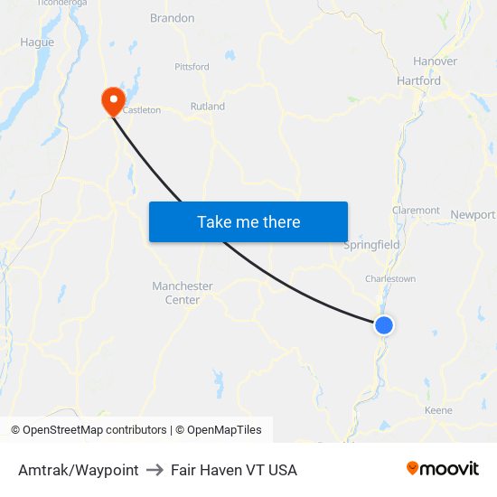 Amtrak/Waypoint to Fair Haven VT USA map