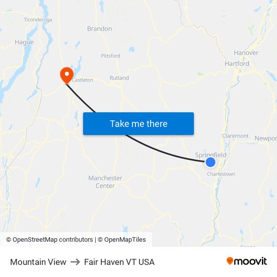 Mountain View to Fair Haven VT USA map