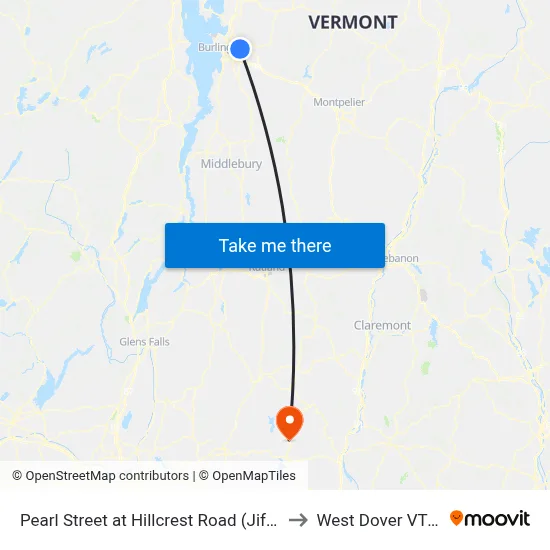Pearl Street at Hillcrest Road (Jiffy Lube) to West Dover VT USA map