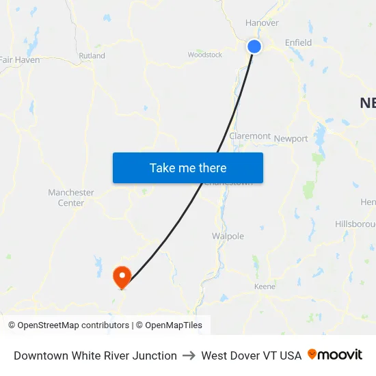 Downtown White River Junction to West Dover VT USA map