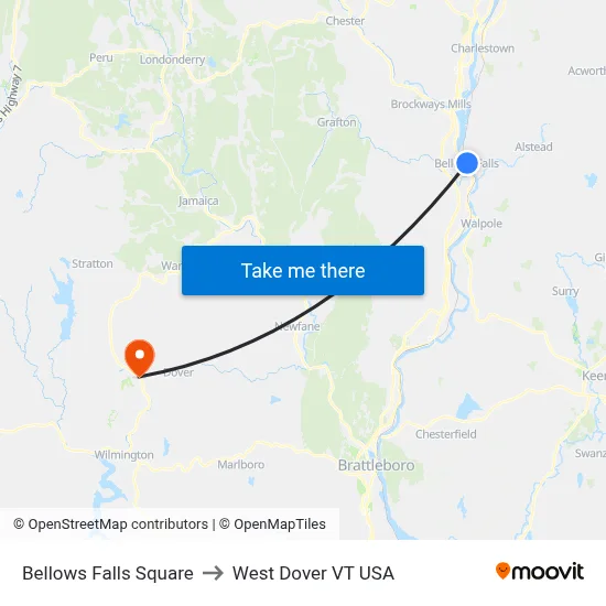 Bellows Falls Square to West Dover VT USA map