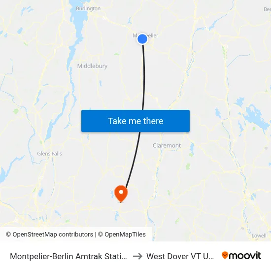 Montpelier-Berlin Amtrak Station to West Dover VT USA map