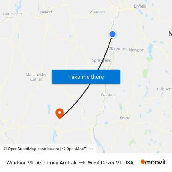 Windsor-Mt. Ascutney Amtrak to West Dover VT USA map