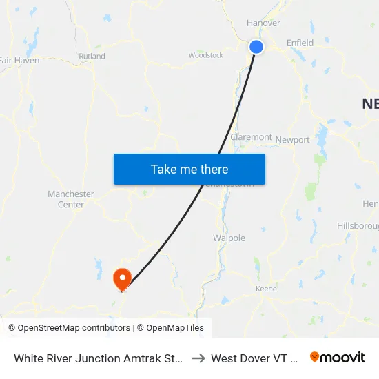 White River Junction Amtrak Station to West Dover VT USA map