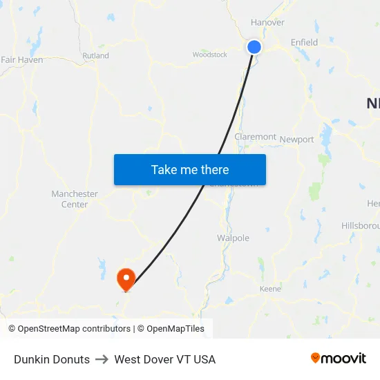 Dunkin Donuts to West Dover VT USA map