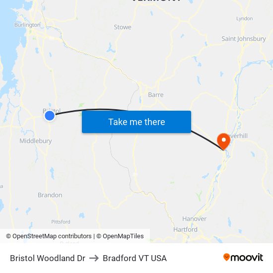 Bristol Woodland Dr to Bradford VT USA map