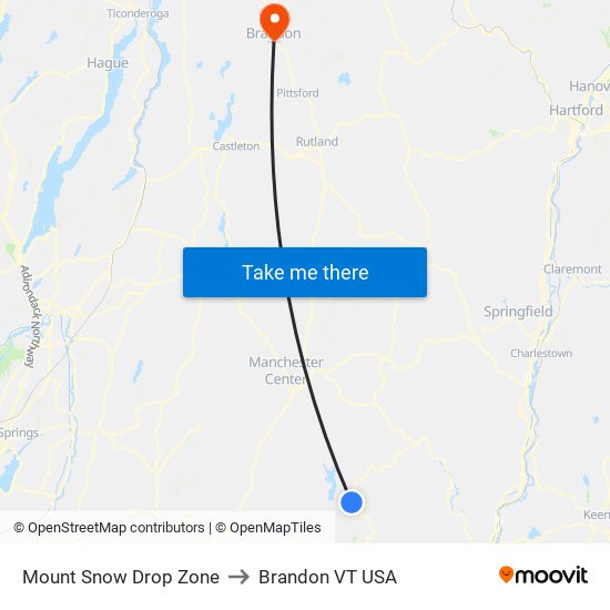 Mount Snow Drop Zone to Brandon VT USA map