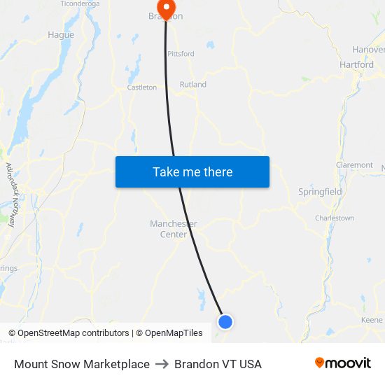 Mount Snow Marketplace to Brandon VT USA map