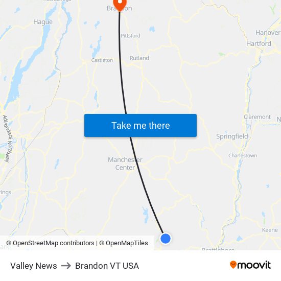 Valley News to Brandon VT USA map