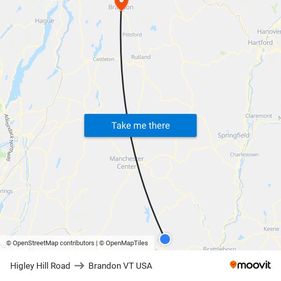 Higley Hill Road to Brandon VT USA map