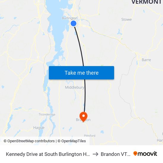 Kennedy Drive at South Burlington High School to Brandon VT USA map