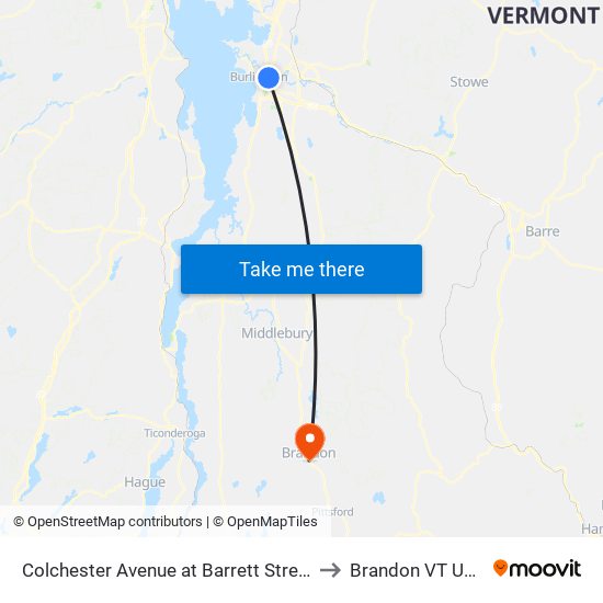 Colchester Avenue at Barrett Street to Brandon VT USA map