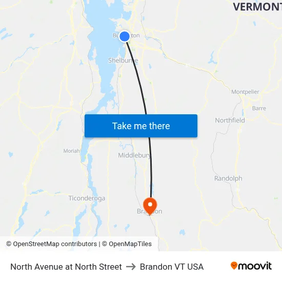 North Avenue at North Street to Brandon VT USA map
