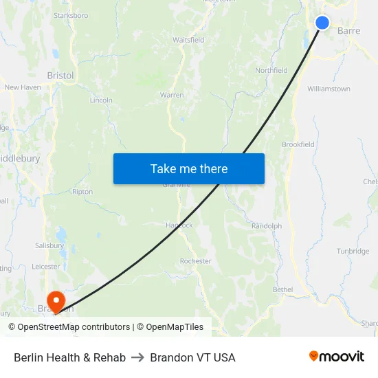 Berlin Health & Rehab to Brandon VT USA map