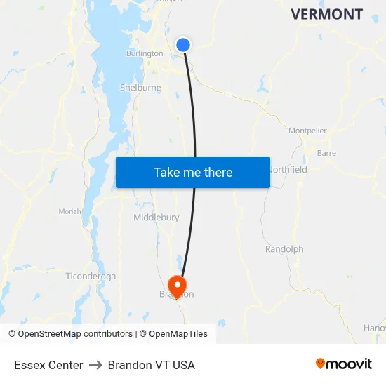 Essex Center to Brandon VT USA map