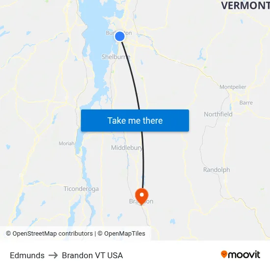 Edmunds to Brandon VT USA map