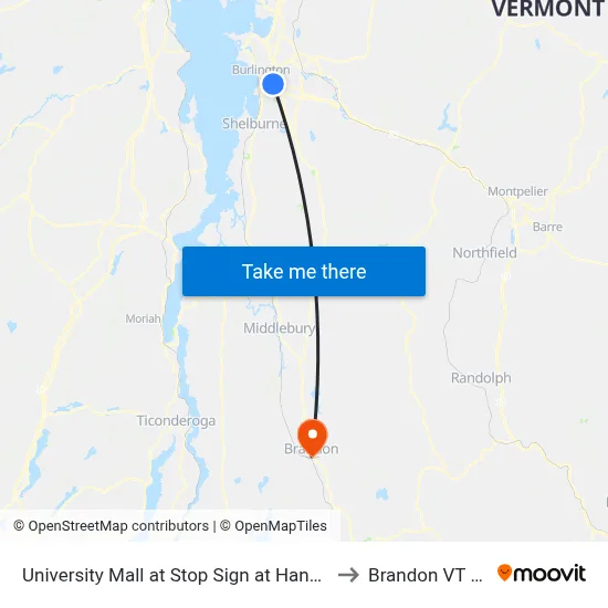 University Mall at Stop Sign at Hannafords to Brandon VT USA map