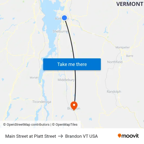 Main Street at Platt Street to Brandon VT USA map