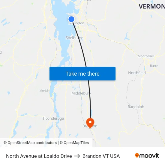 North Avenue at Loaldo Drive to Brandon VT USA map