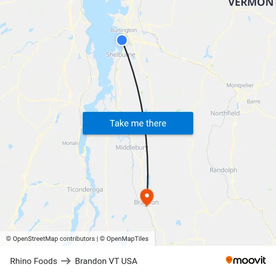 Rhino Foods to Brandon VT USA map