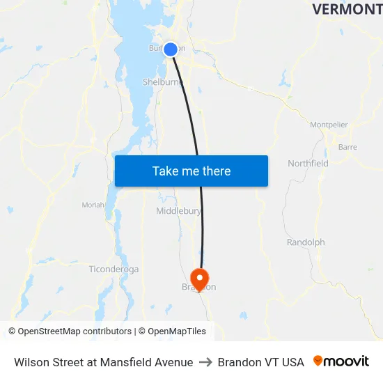 Wilson Street at Mansfield Avenue to Brandon VT USA map