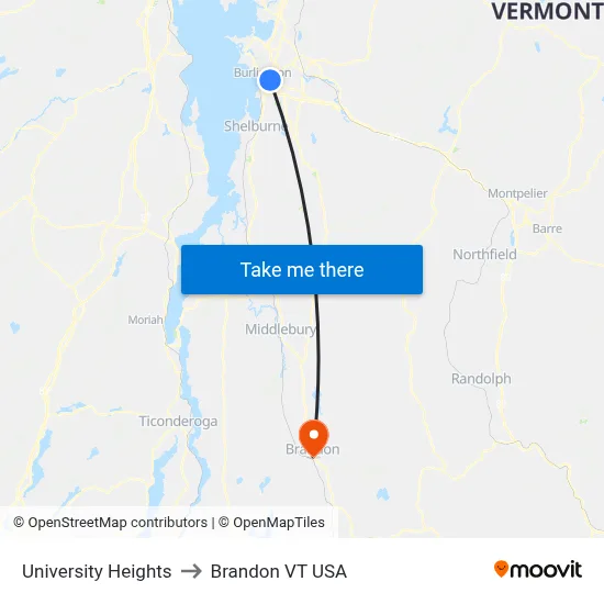 University Heights to Brandon VT USA map