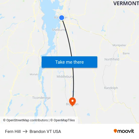 Fern Hill to Brandon VT USA map