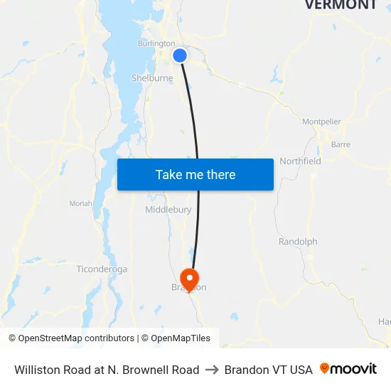 Williston Road at N. Brownell Road to Brandon VT USA map