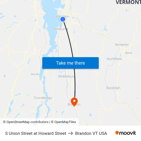 S Union Street at Howard Street to Brandon VT USA map