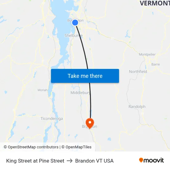 King Street at Pine Street to Brandon VT USA map